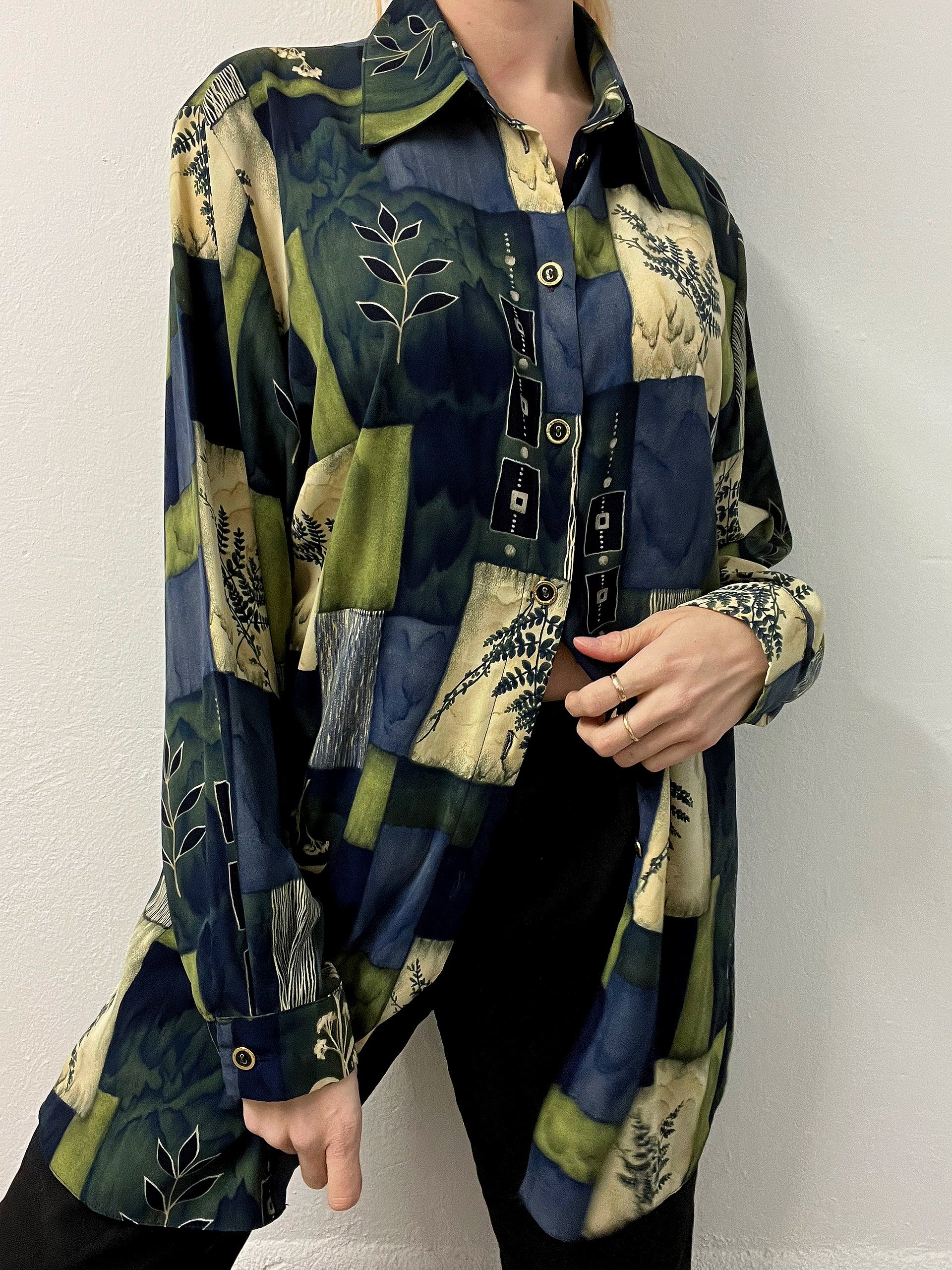Chemise Vintage 80/90s verte et bleue à motifs L