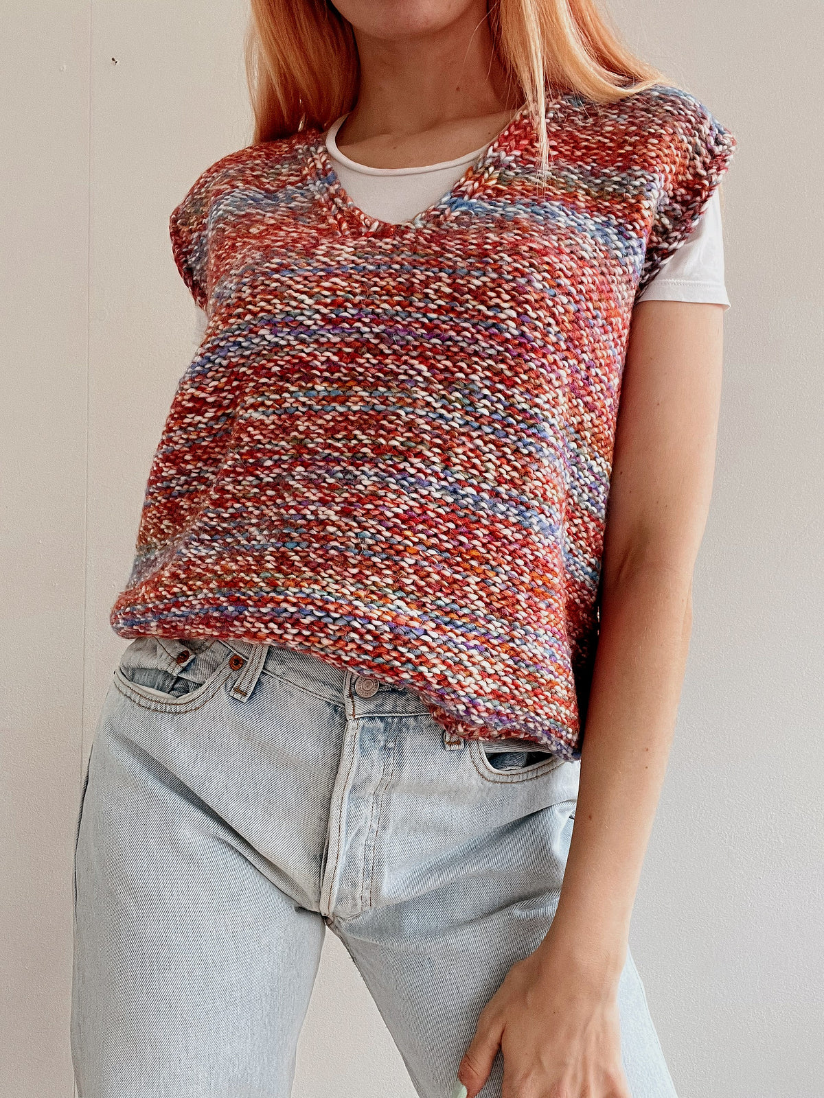 Gilet vintage sans manche en maille orange, rose M/L