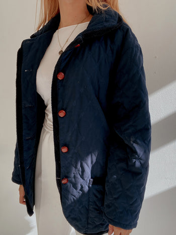 Veste vintage matelassée bleue foncée bouton bois M/L