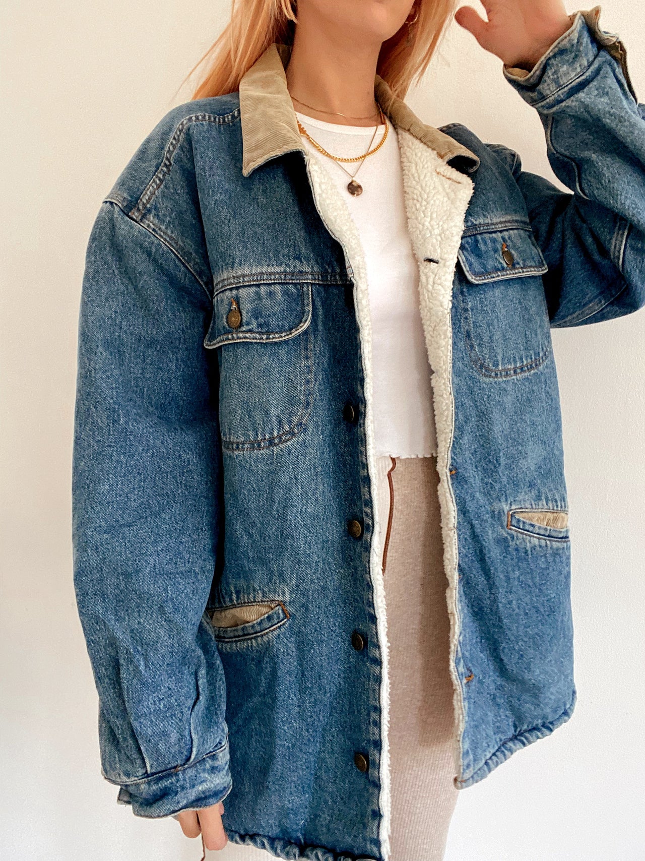 Veste en jeans vintage mi-longue oversized intérieur mouton M/L