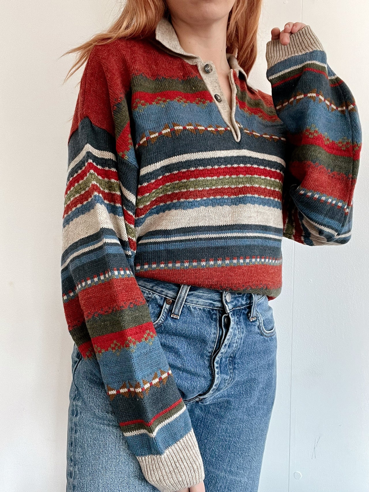 Pull vintage en laine  rouge et beige foncé M