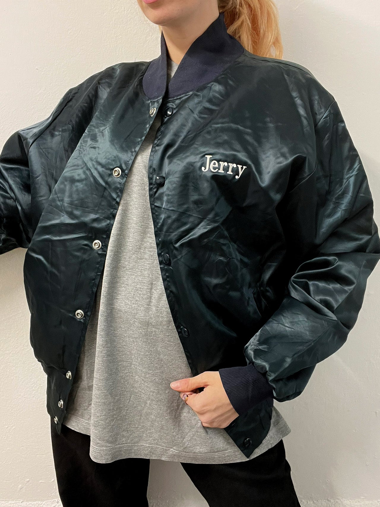 Bomber vintage américaine bleue foncée/grise brodée XL