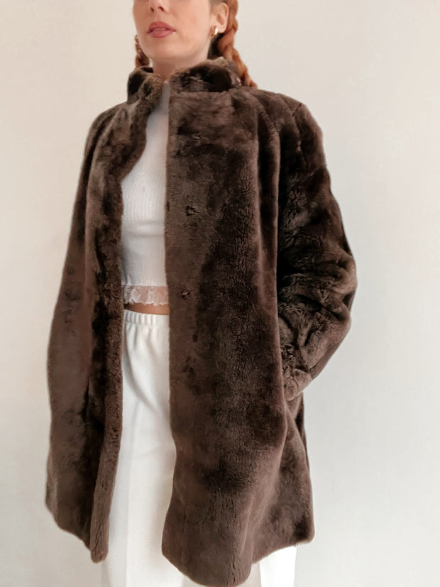 Manteau vintage brun en fausse fourrure M