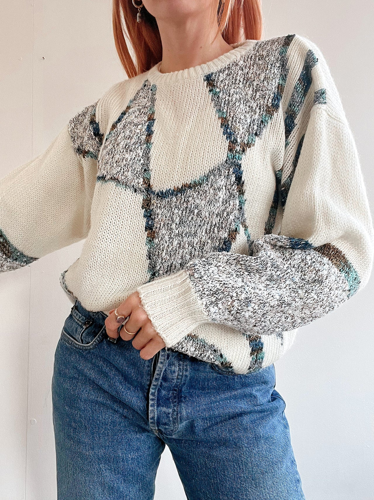 Pull vintage en maille  blanc cassé M