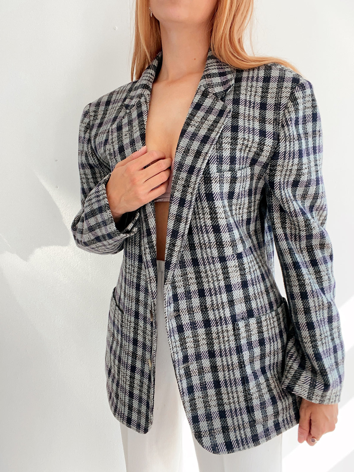 Veste blazer épaisse vintage grise à carreaux L/XL