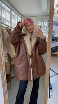 Manteau brun mouton retourné blanc cassé oversized XL