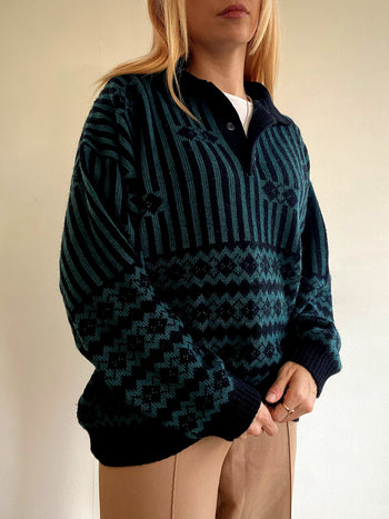 Pull vintage en laine vert et noir