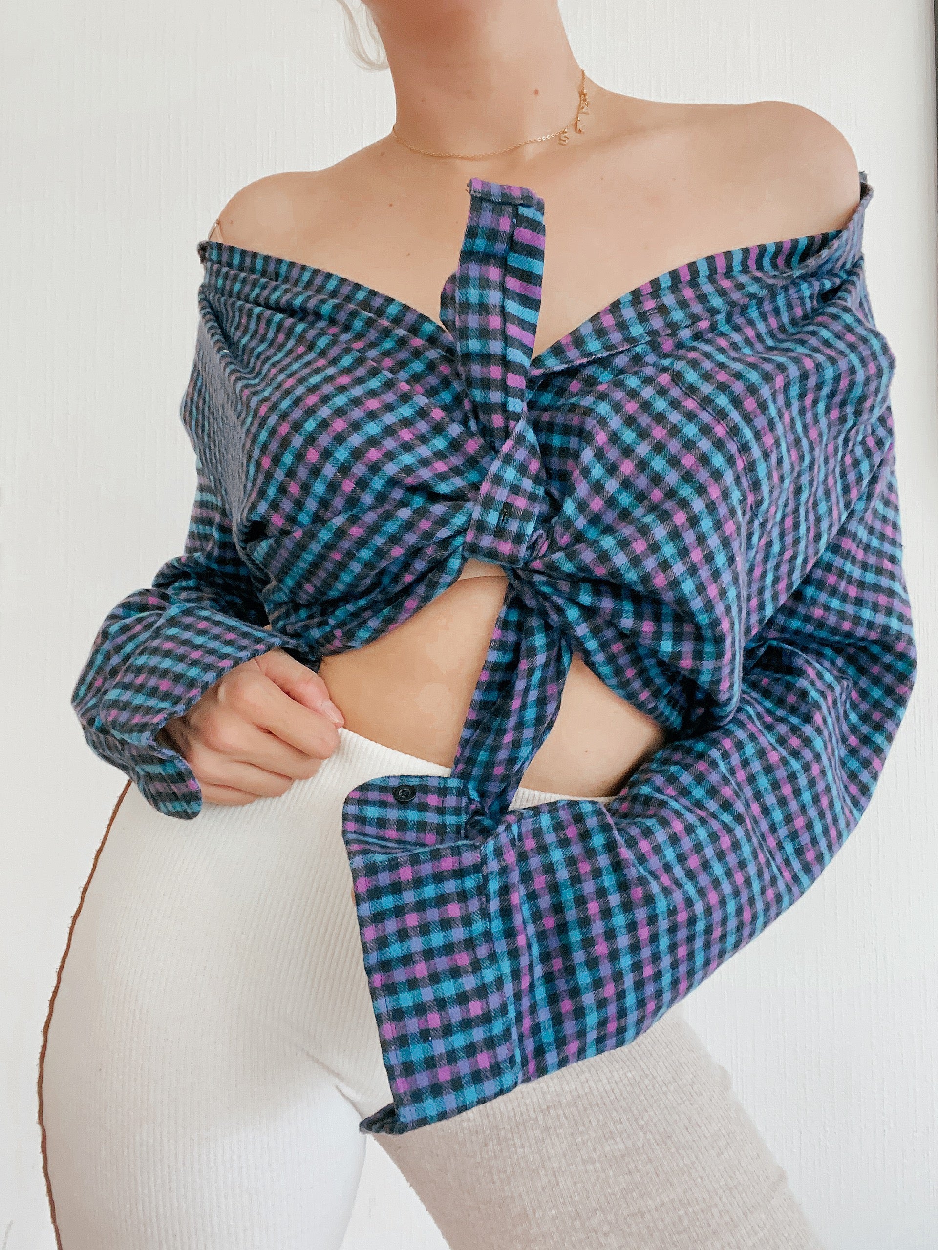 Chemise Vintage à petits carreaux turquoise/rose L