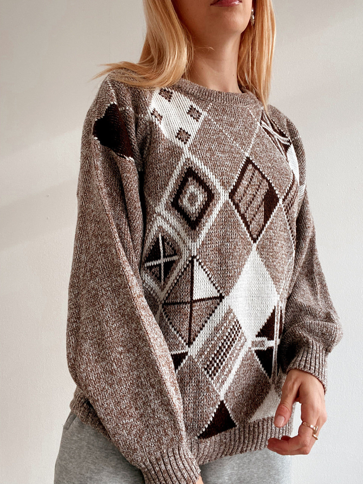 Pull vintage en maille beige XL