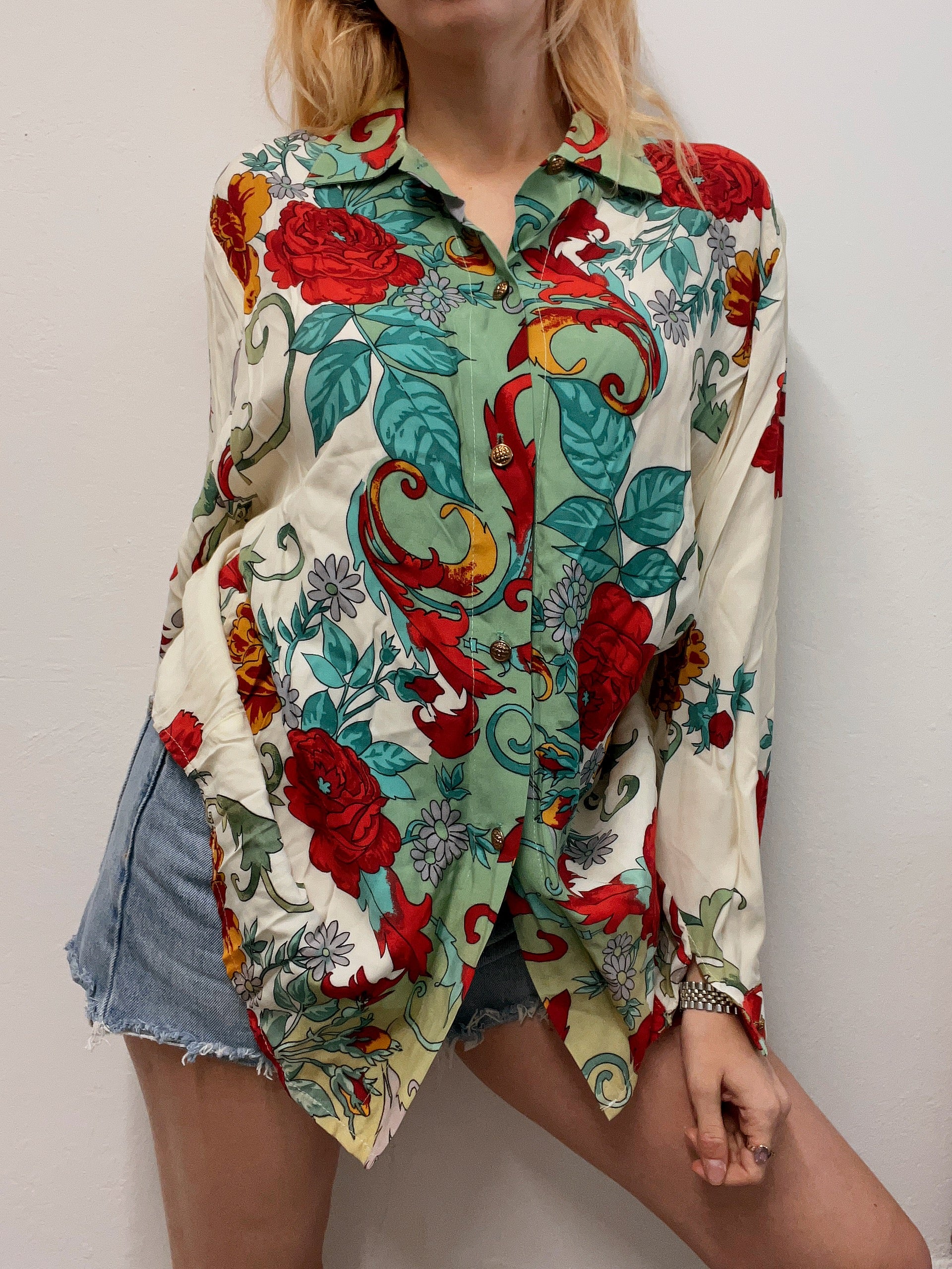 Chemise vintage 80’s 90’s beige à motifs verts L