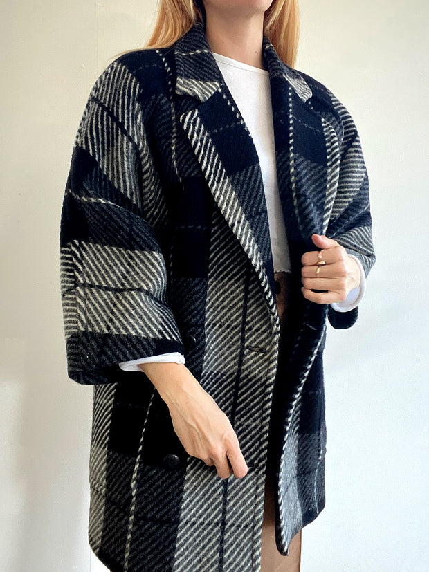 Manteau vintage en laine noir et blanc S