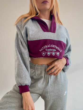 Pull polaire vintage gris et bordeaux M