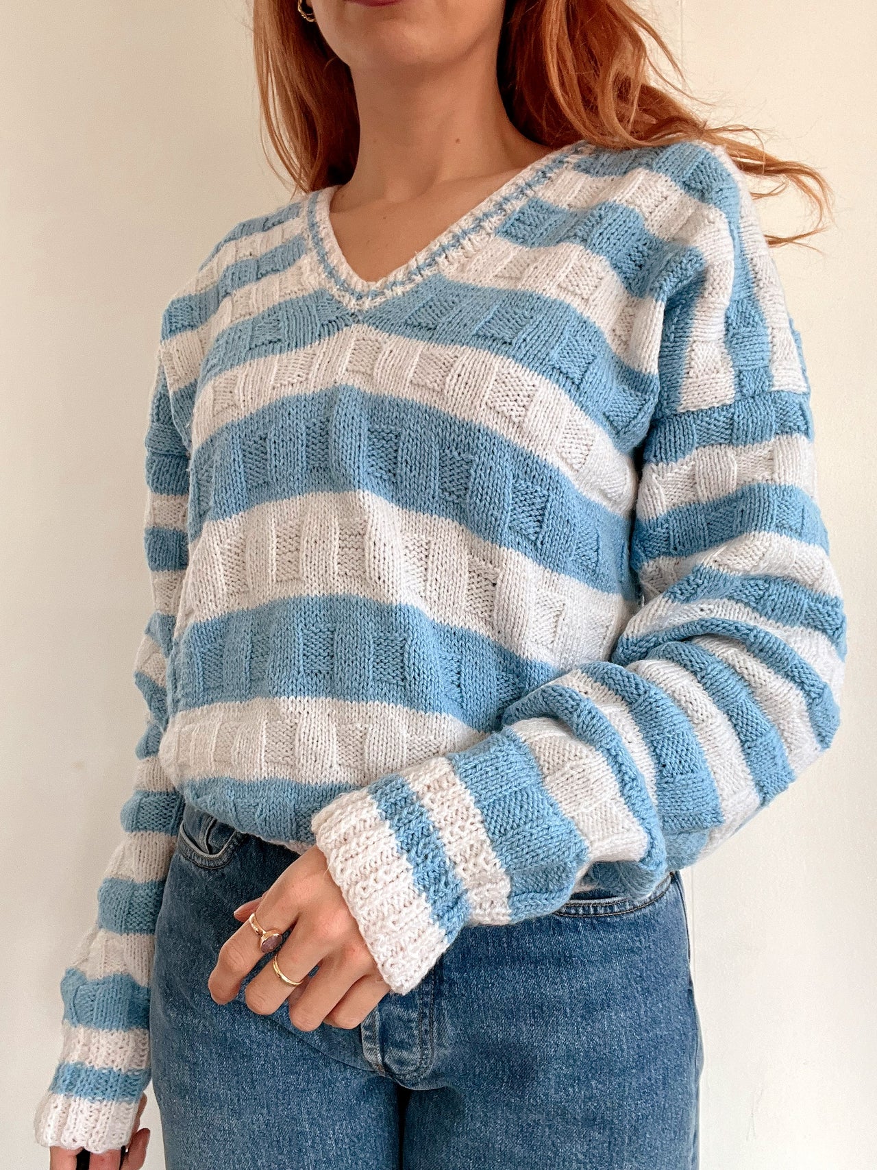 Pull vintage en maille bleu clair et blanc M/L