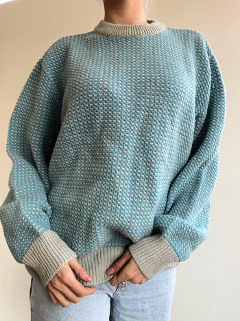 Pull vintage en laine gris et bleu clair