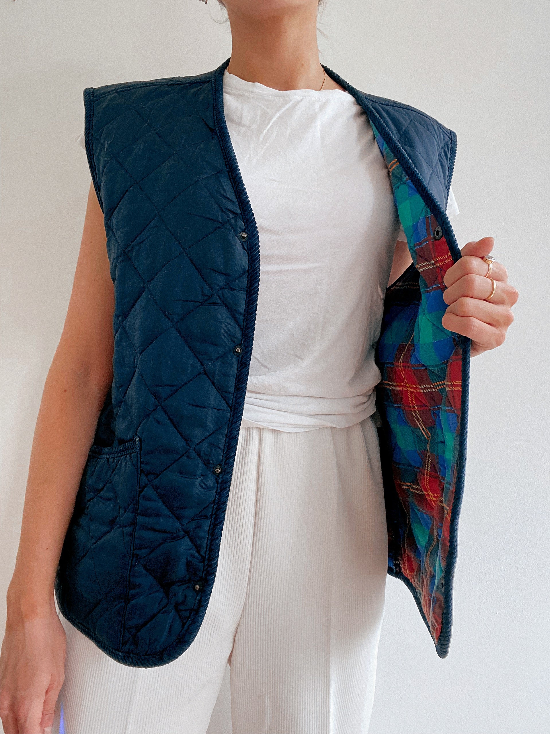 Gilet vintage sans manches matelassé bleu foncé  L