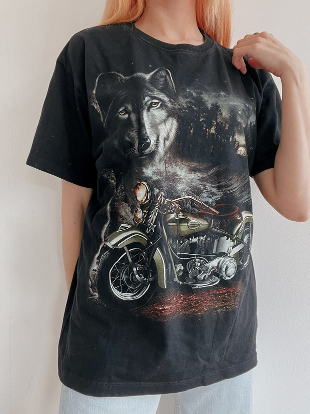 T-shirt vintage noir loup/moto rock L