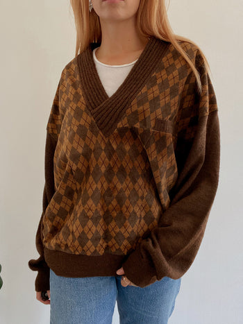 Pull vintage en laine et daim marron