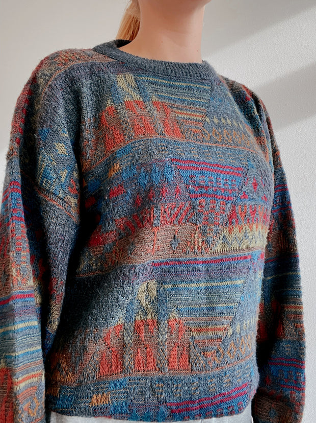 Pull vintage en laine multicolore