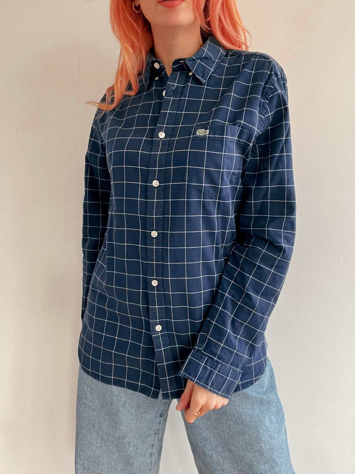 Chemise vintage Lacoste bleue foncée a carreaux S/M