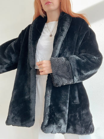 Veste vintage noire en fausse fourrure oversized S