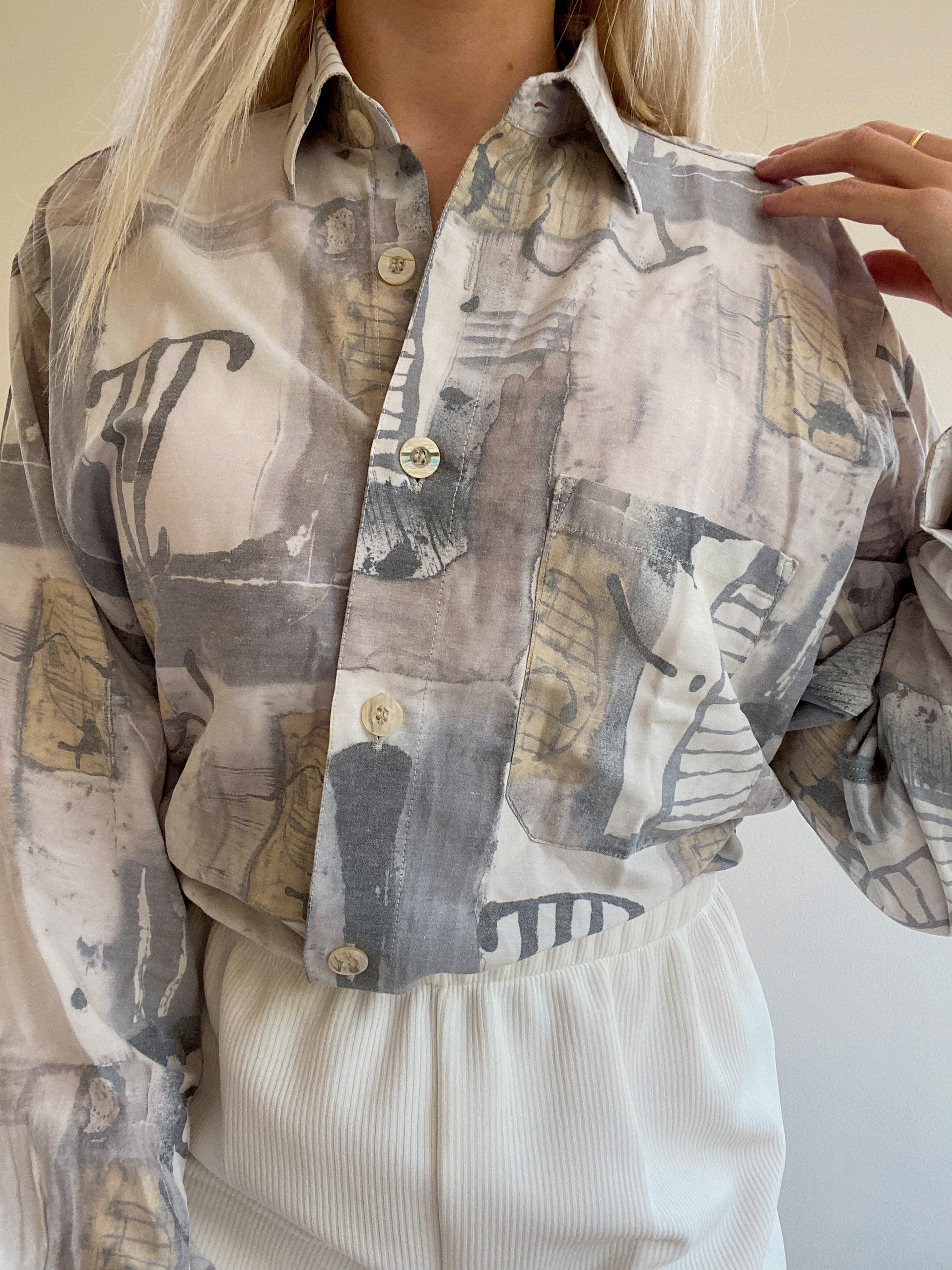 Chemise Vintage 80/90s à motifs blanches et beiges