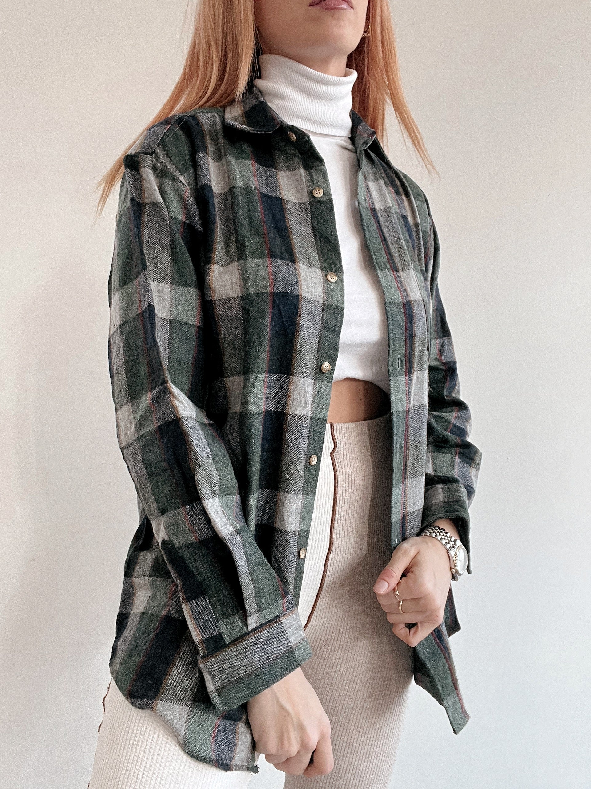 Chemise vintage à carreaux vert/gris/rouge en laine