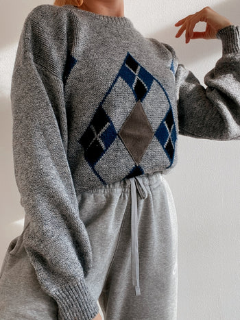 Pull vintage en laine gris L