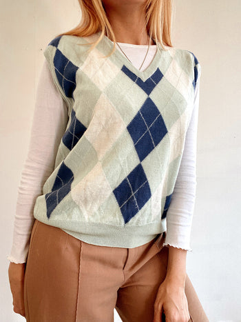 Gilet vintage sans manche vert d’eau et bleu foncé