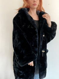Vintage dunkelblauer Kunstpelzmantel mit Kapuze M/L