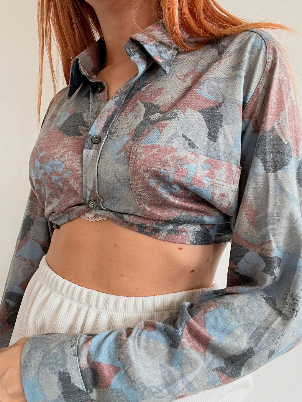 Chemise vintage gris/bleue à motifs S