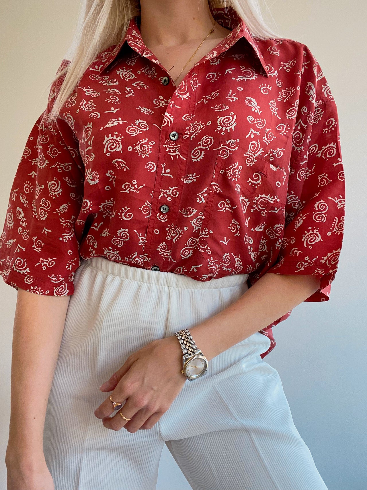 Vintage 80/90s beige and khaki shirt with patterns L