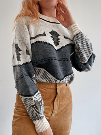 Pull vintage en laine blanc et noir M