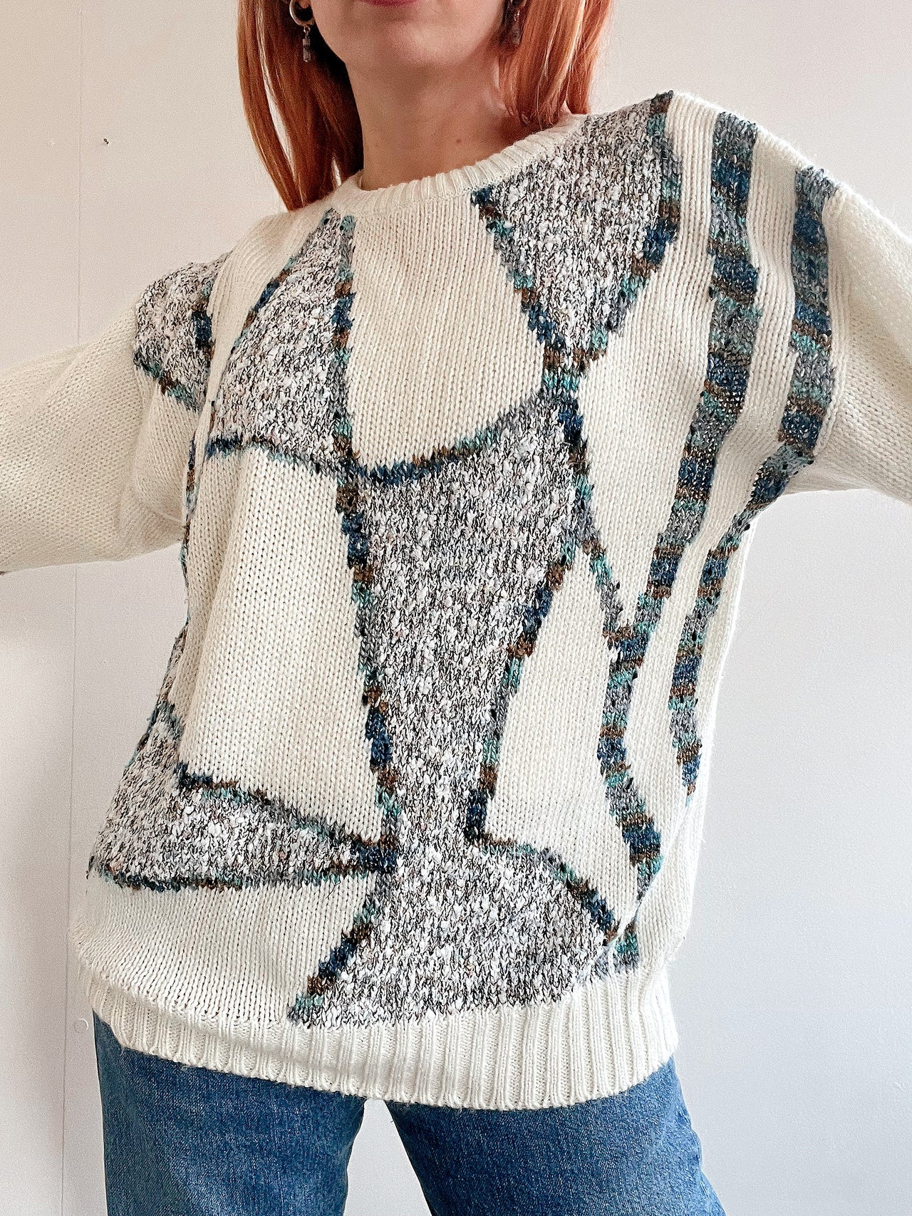 Pull vintage en maille  blanc cassé M