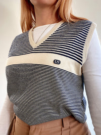 Gilet vintage sans manche bleu et blanc cassé rayé