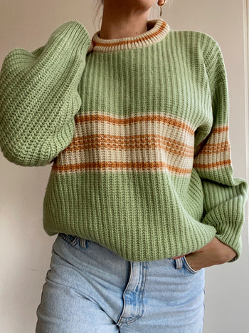 Pull vintage en maille vert et orange