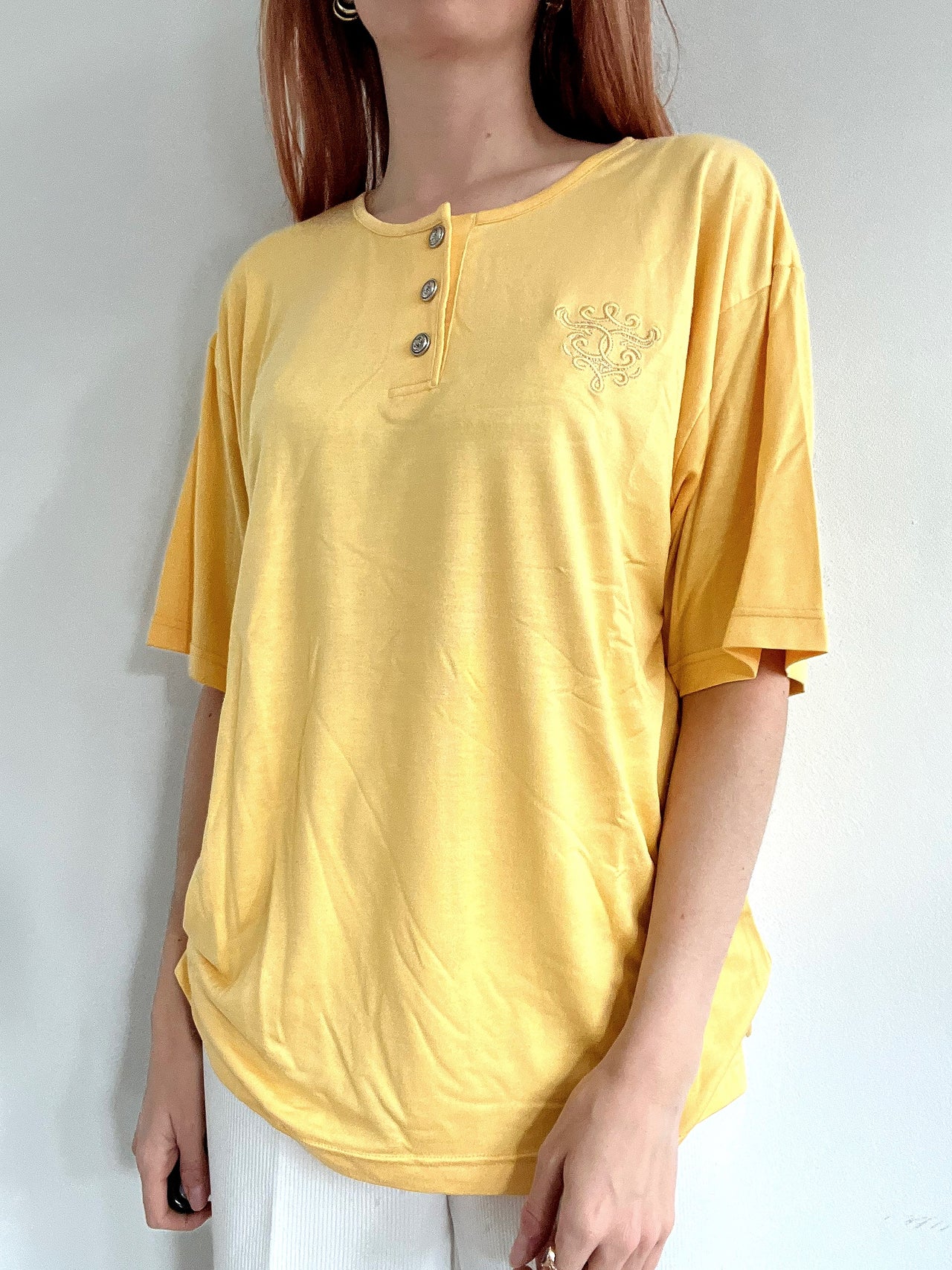 T-shirt vintage jaune canari brodé L