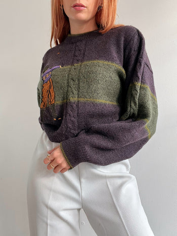 Pull vintage en laine violet foncé  et khaki M/L