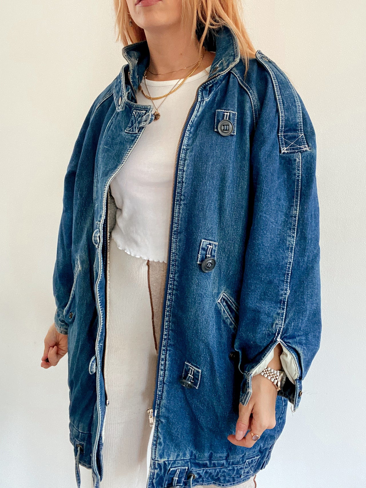 Veste en jeans vintage mi-longue oversized intérieur mouton M