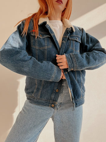 Veste en jeans vintage bleue foncée intérieur mouton L