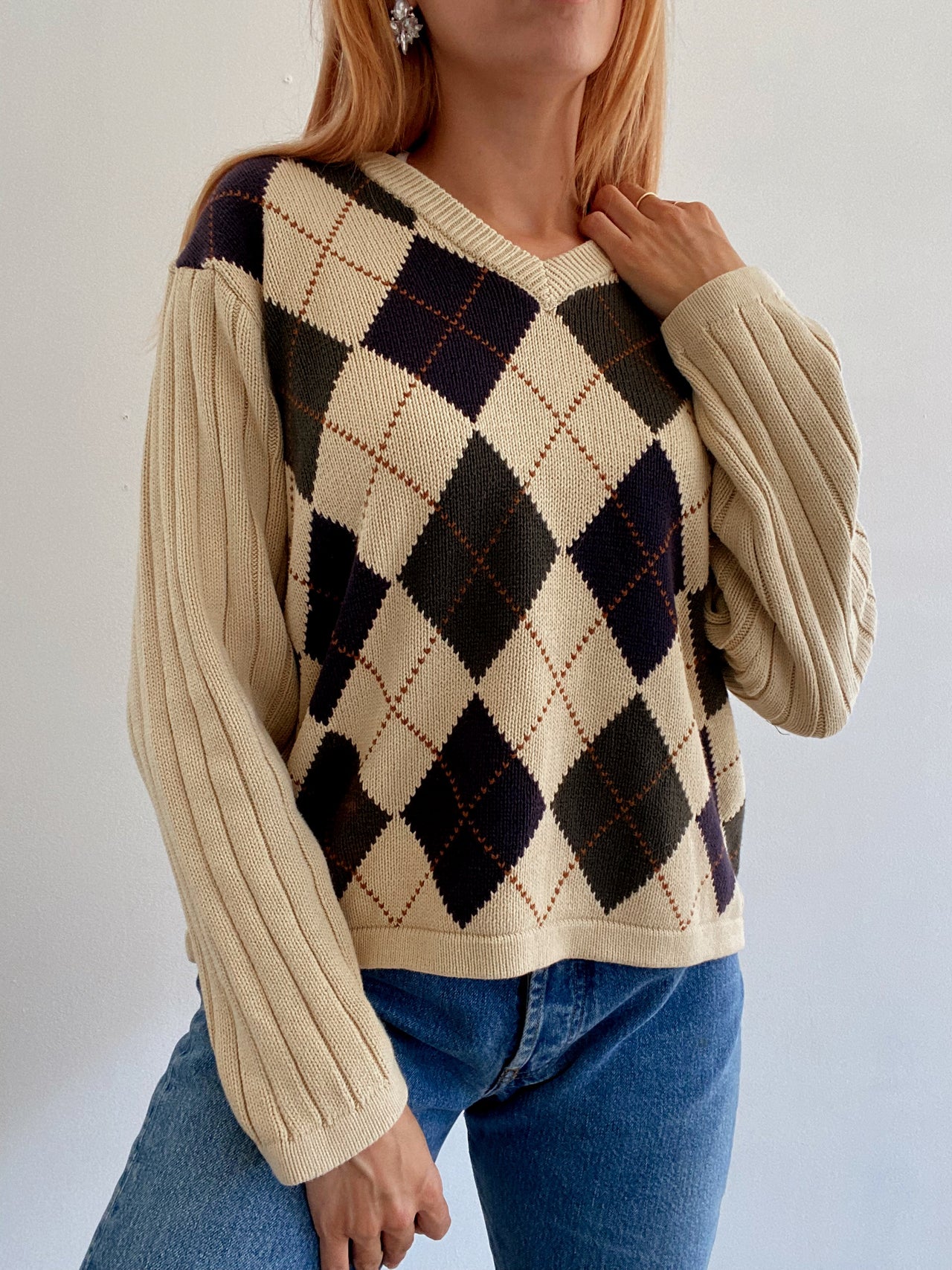 Pull vintage en maille beige XL