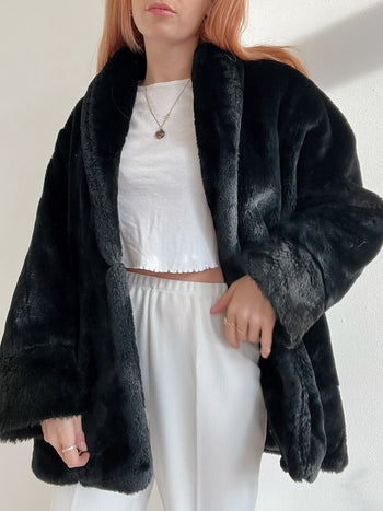 Veste vintage noire en fausse fourrure oversized S