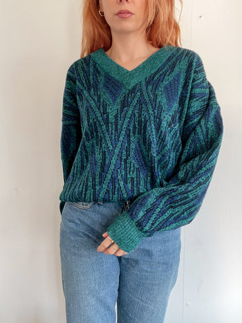 Pull vintage en laine bleu foncé et vert XL