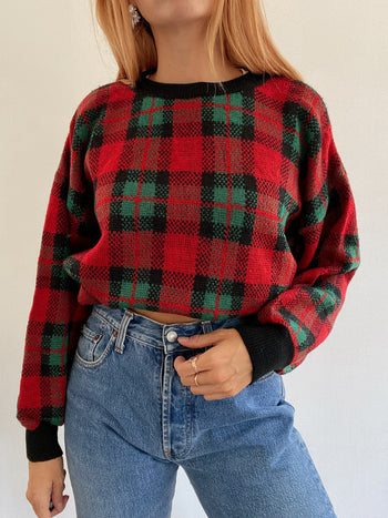 Pull vintage en laine rouge et vert