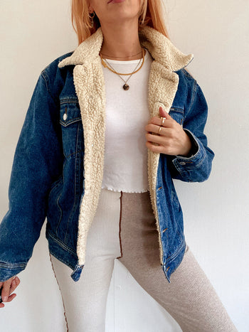 Veste en jeans vintage oversized intérieur mouton M