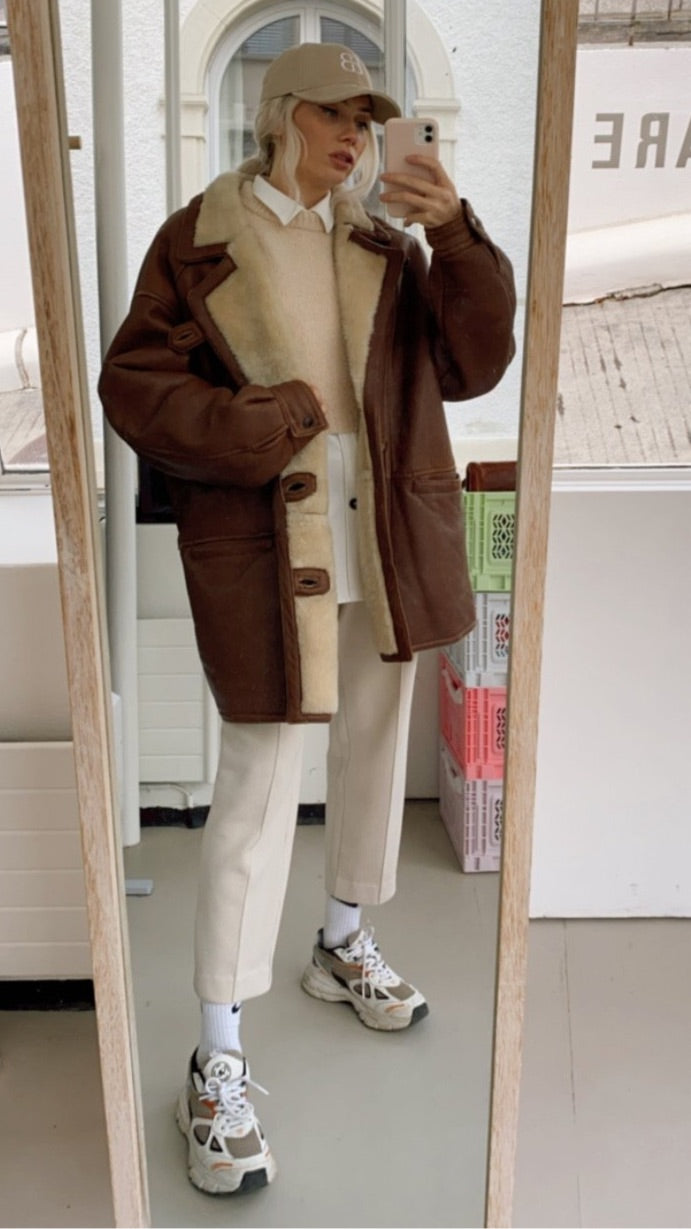 Manteau brun mouton retourné blanc cassé oversized XL
