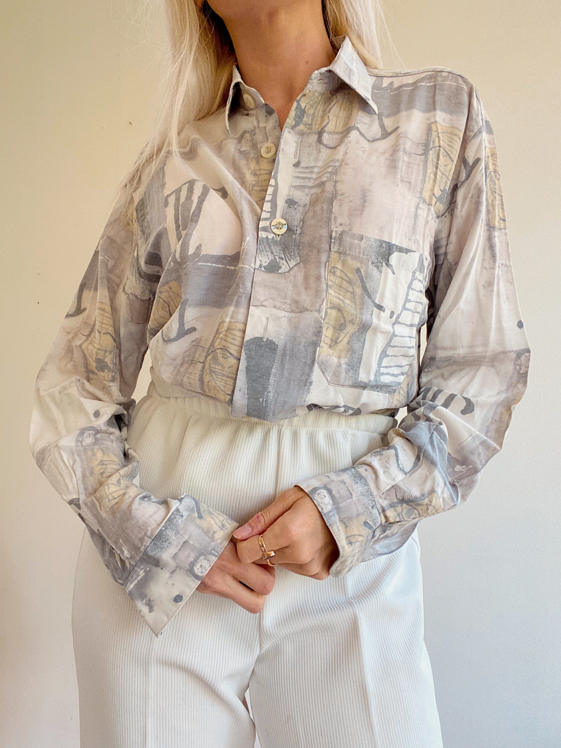 Chemise Vintage 80/90s à motifs blanches et beiges