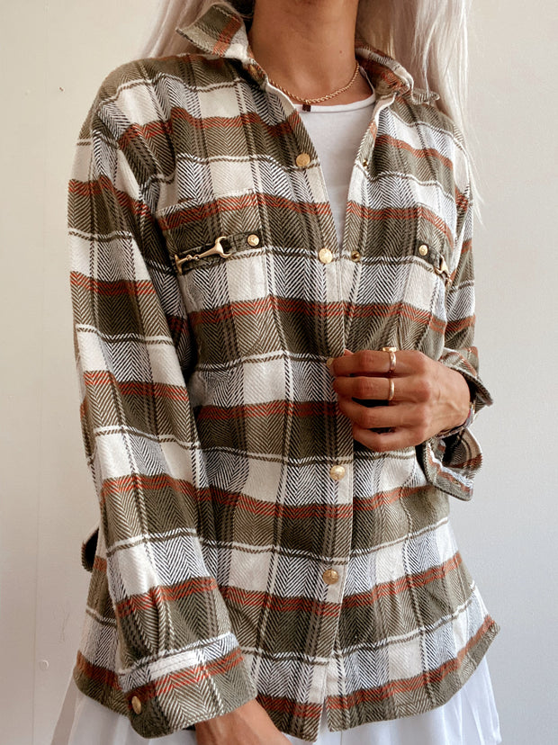 Chemise Vintage à carreaux khaki avec détails dorés