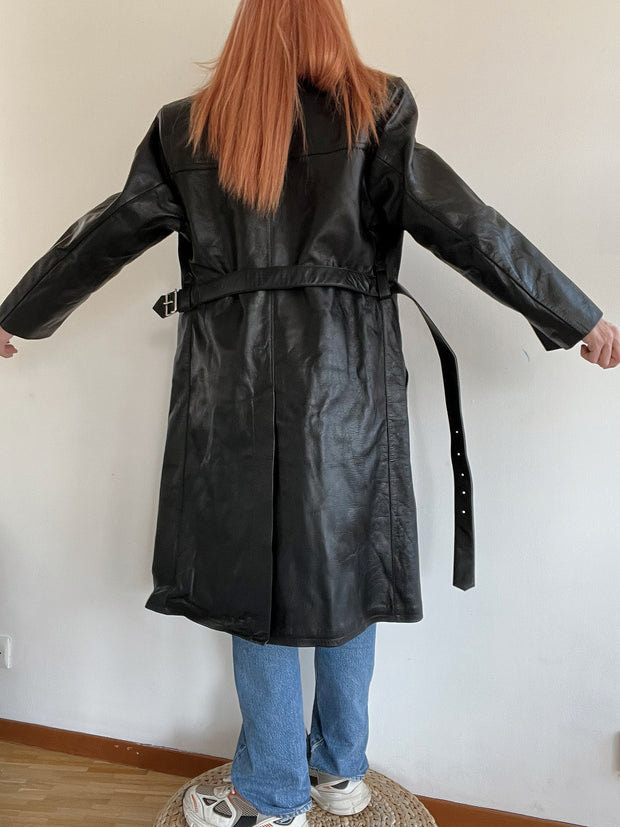 Vintage schwarzer Leder-Trenchcoat M/L