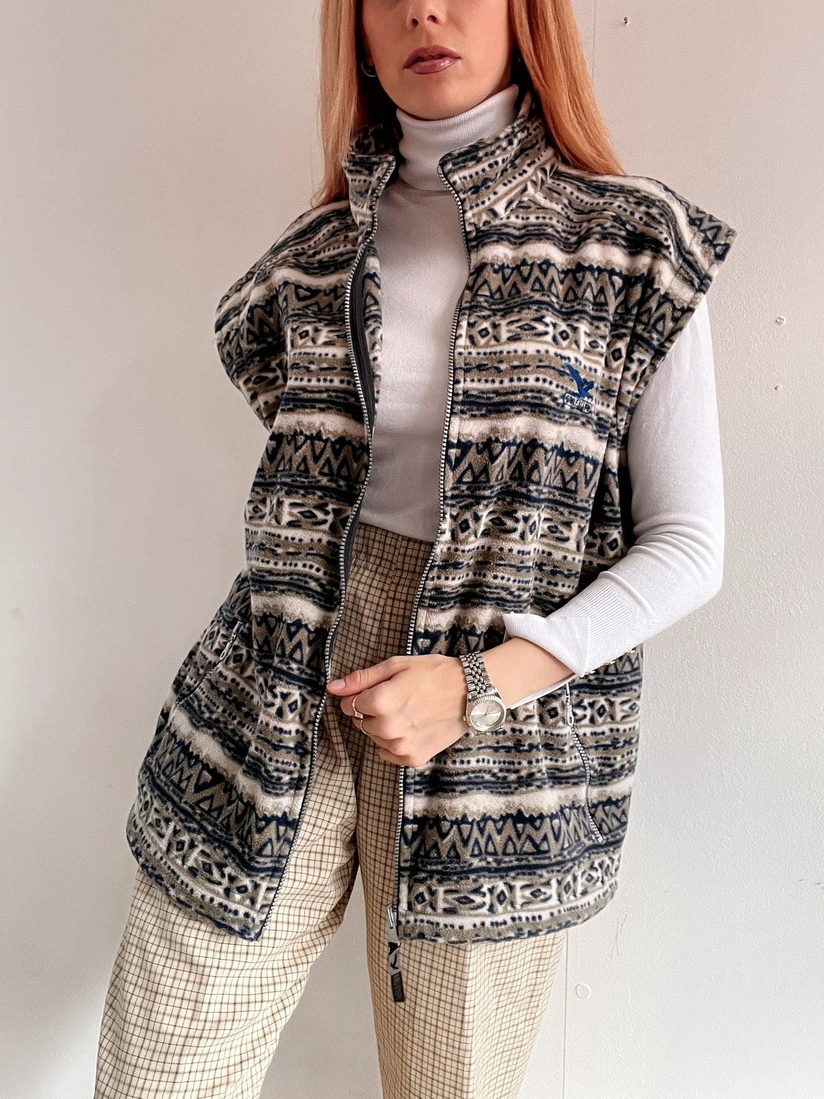 Gilet vintage sans manche polaire gris/beige XL