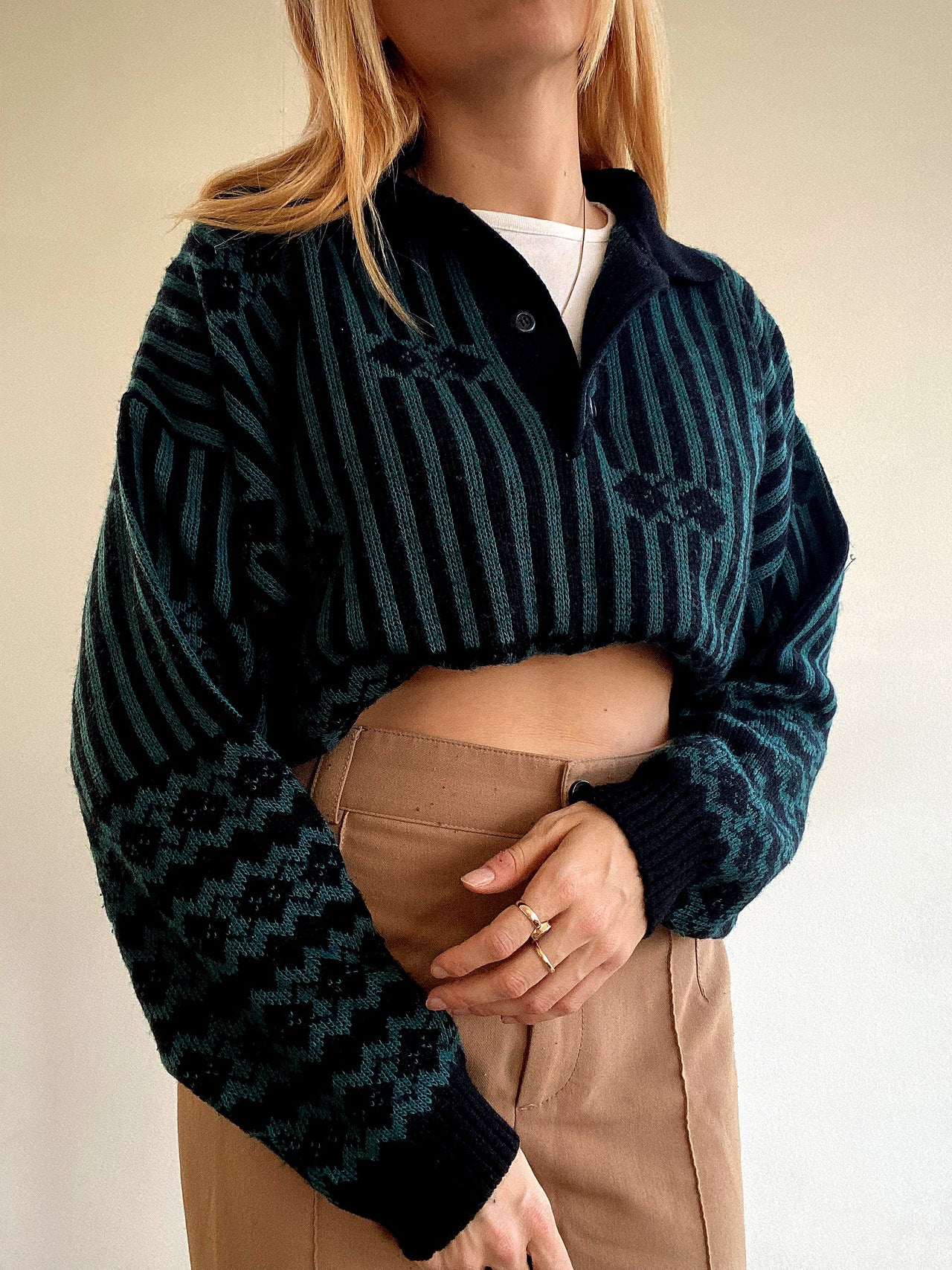 Pull vintage en laine vert et noir